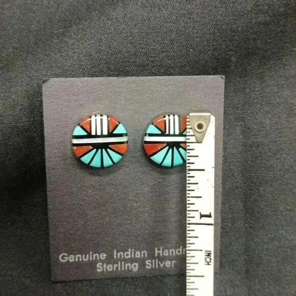 Sterling Native American Zuni Inlay Stud Earrings - Picture 3 of 4
